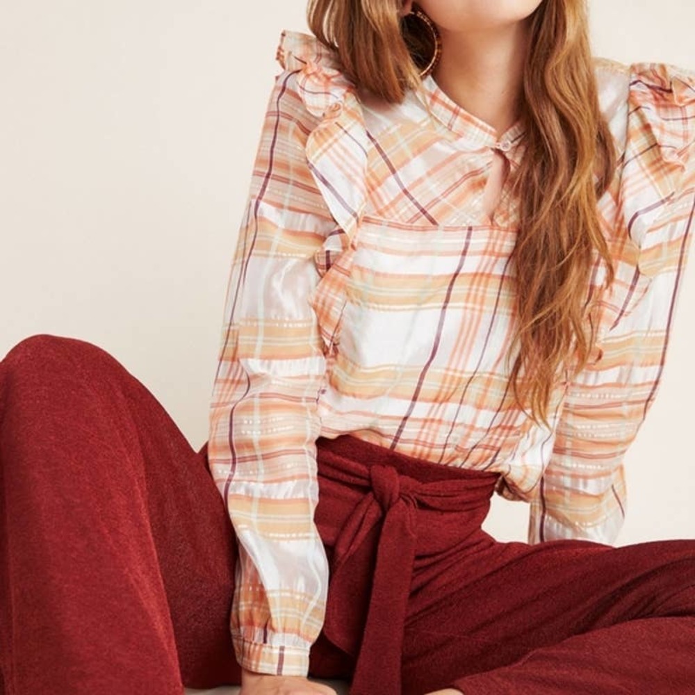 Anthropologie Dolly Plaid Ruffle Blouse NWT XS